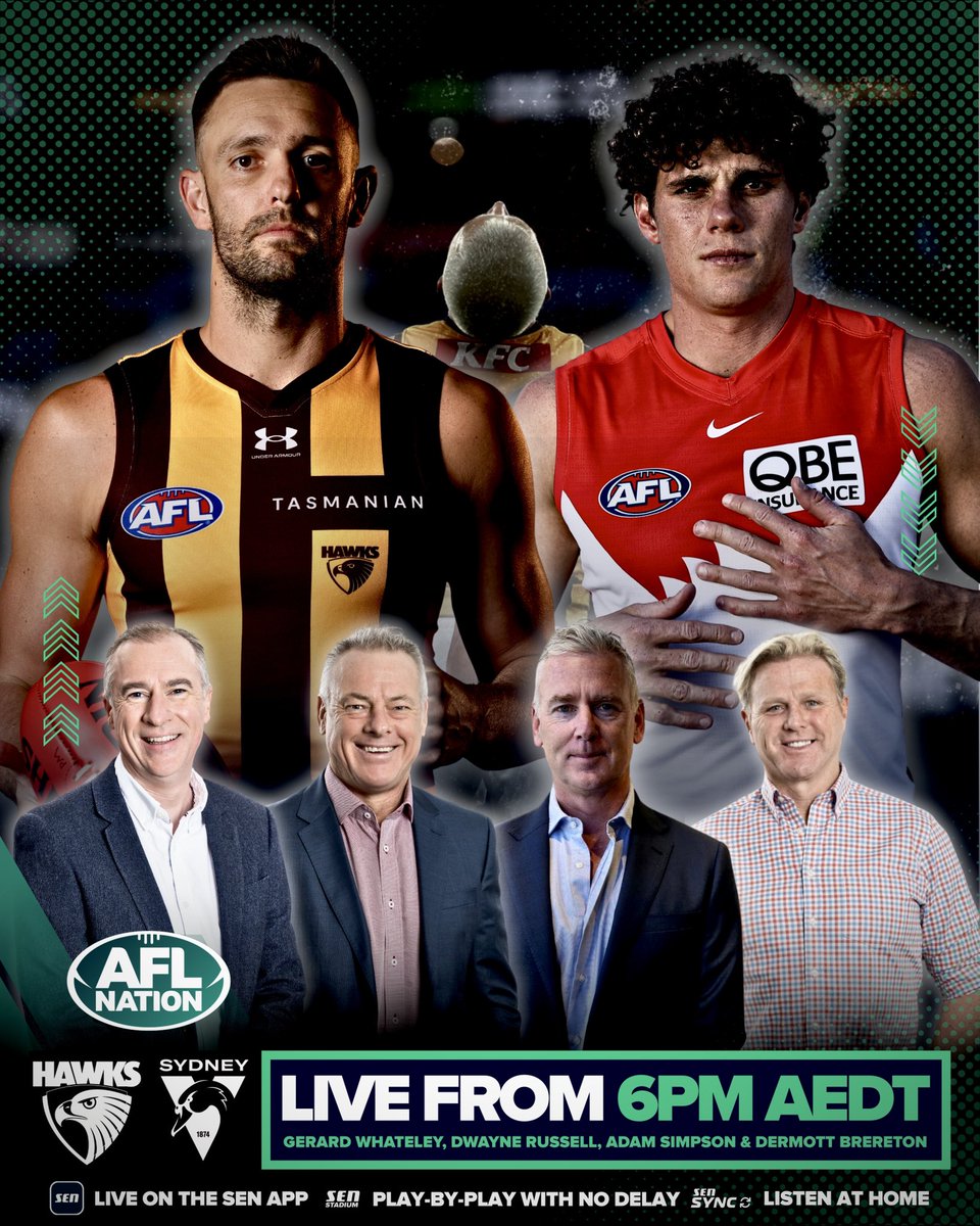 AFLNation's tweet image. 🔜 @HawthornFC 🆚 @sydneyswans 

🟤🦢 The resurgent Hawks eye the first blow on the flying Swans.

➡️ Listen live and free tonight on the SEN App 📲

#AFLHawksSwans