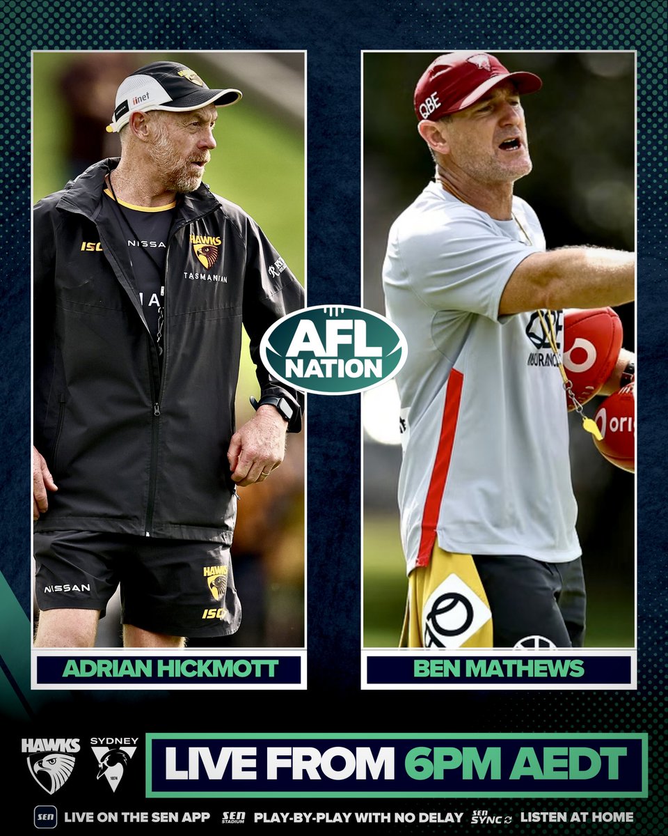 AFLNation's tweet image. Assistant coaches from both camps will join us in pre-game ⤵️

@HawthornFC Adrian Hickmott @ 7pm
@sydneyswans Ben Mathews @ 6:25pm

#AFLHawksSwans