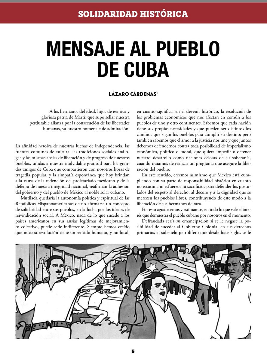 El primer discurso del general Lázaro Cárdenas al pueblo de 🇨🇺 fue en 1938, cuando los cubanos apoyaron monetariamente para pagar la expropiación petrolera. Este documento,
pese a la distancia, guarda gran vigencia 

revistamemoria.mx/?p=4658