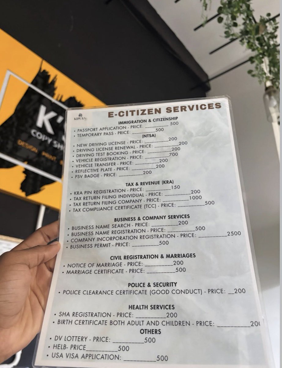 Need help navigating e-Citizen? We’ve got you covered at Kipusa Prints! 🤝
We now offer support for a wide range of government services

#KipusaPrints #Nairobi #ECitizen #KRA #NTSA Kenya #GovServicesKE #NairobiMums