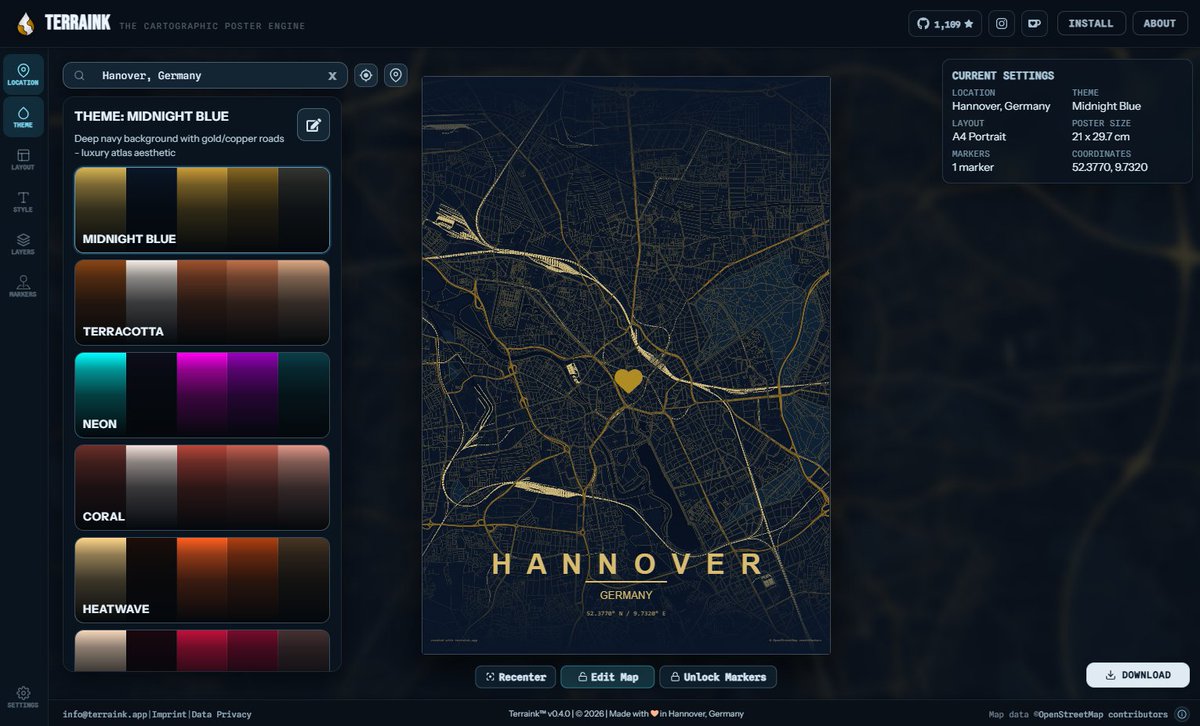 terrainkapp's tweet image. Terraink v0.4.1 is live ✨ we’ve overhauled the UI and boosted performance for a smoother design experience 🗺️ #buildinpublic #mapart #minimalism #posters
