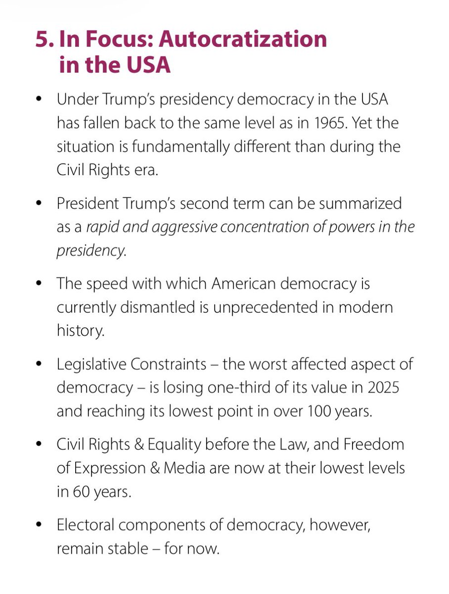 davidsobreirabm's tweet photo. V-Dem Democracy Report 2026

Estados Unidos perderam o status de democracia liberal (agora democracia eleitoral).

Estados Unidos com nível de democracia inferior ao do Brasil e menor do que o que tinham em 1965.

https://t.co/AAyJEjKZlj https://t.co/PoqvWVHc2m