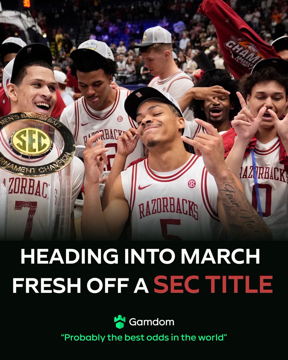 gamdomsport's tweet image. Fresh off their first SEC title since 2000, #Arkansas is rolling. 🏆 

That backcourt is dangerous, and John Calipari knows exactly how to win in March. 

This is NOT a team you want to see. 🔥