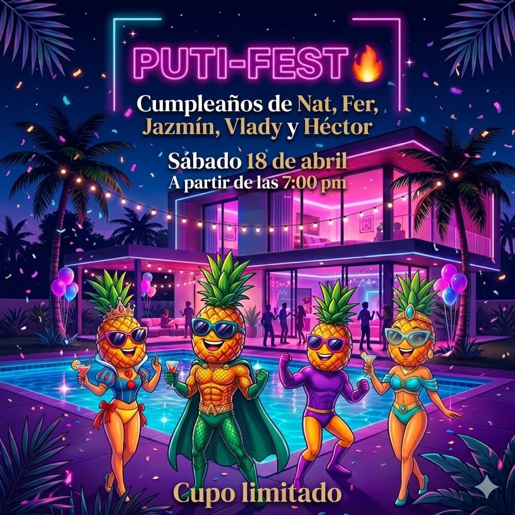 ga_devorauni's tweet photo. PUTI-FEST 🍍🔥
Cumple de Nat, Fer, Jazmín, Vlady y Héctor  

📆 Sáb 18 abril  
🕖 7 pm  
🏊 Piscina + desmadre  

Dress code: Puti-Fantasía 😈🦄  

DM para detalles  

¡Ven a romperla! 💦 #PutitiFest https://t.co/j6K29QfWjt