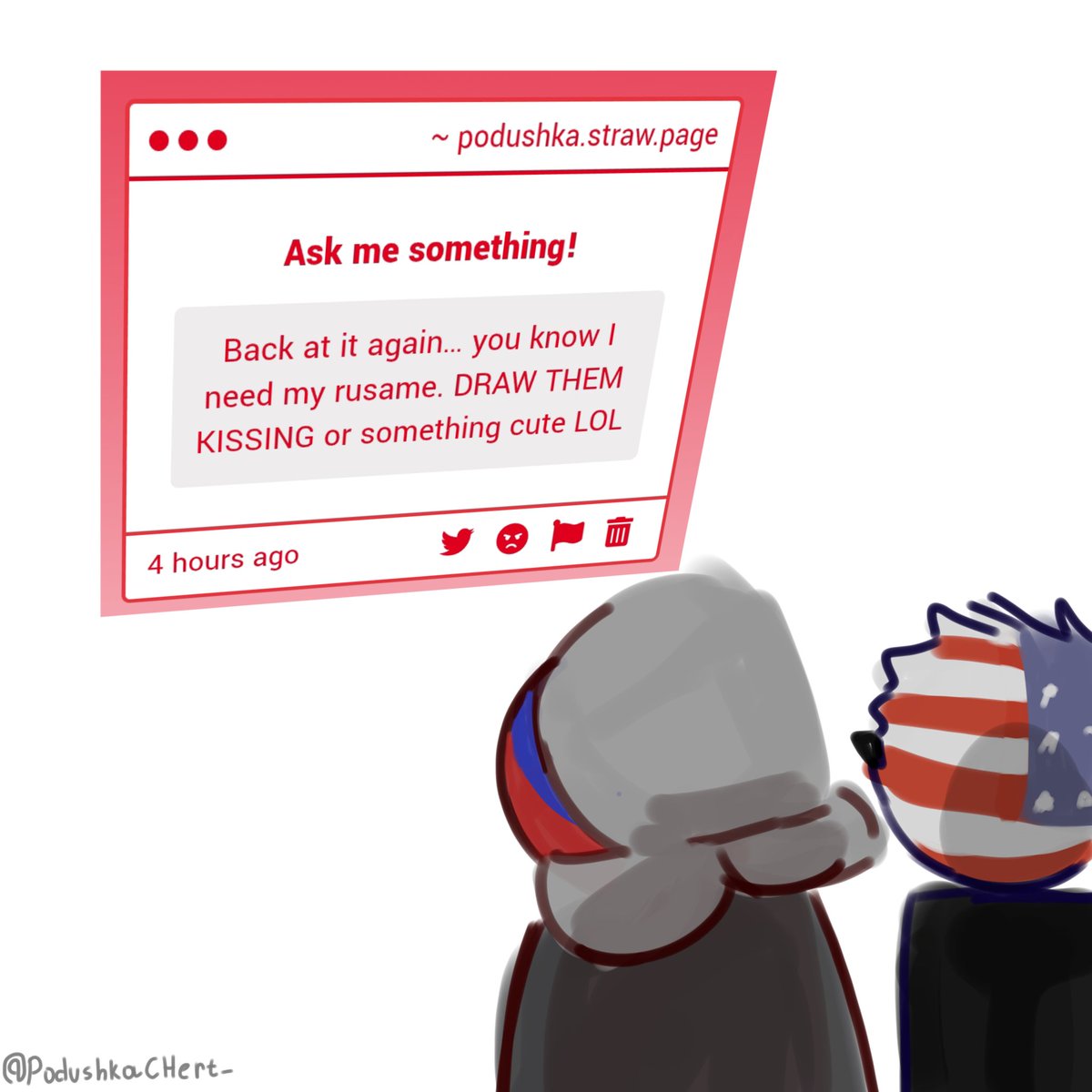 PodushkaCHert_'s tweet photo. They're a little scared. And the previous art I drew wasn't canon. 
#countryhumans #countryhumansUSA #countryhumansRussia #countryhumansRusame #Rusame https://t.co/RuCPVHciR6