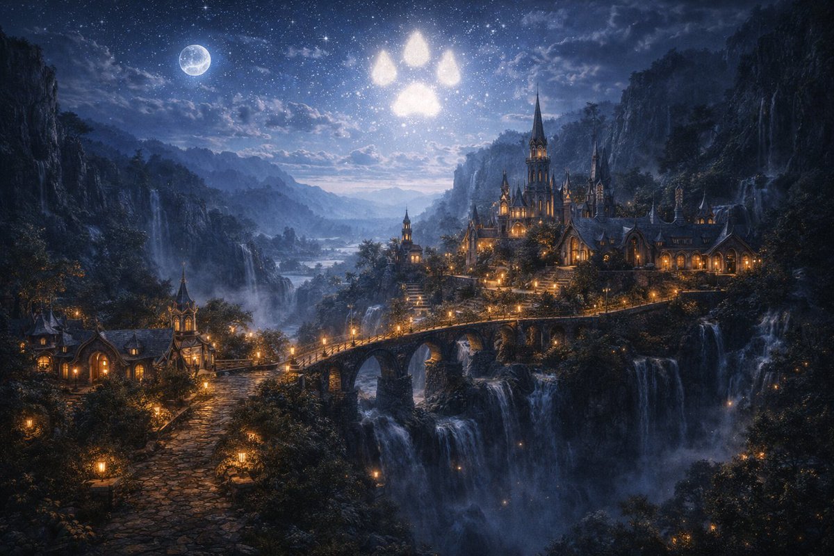 realDogenera's tweet image. Woof! In Rivendell’s hidden valley, where waterfalls sing older songs, prophecy glimmers in the night—Dogenera’s pawprint shines above the Last Homely House. 🐕🏞️✨🌌 #Dogenera #Dogeneration #Doge #elonmusk #prophecy #LOTR #Tolkien