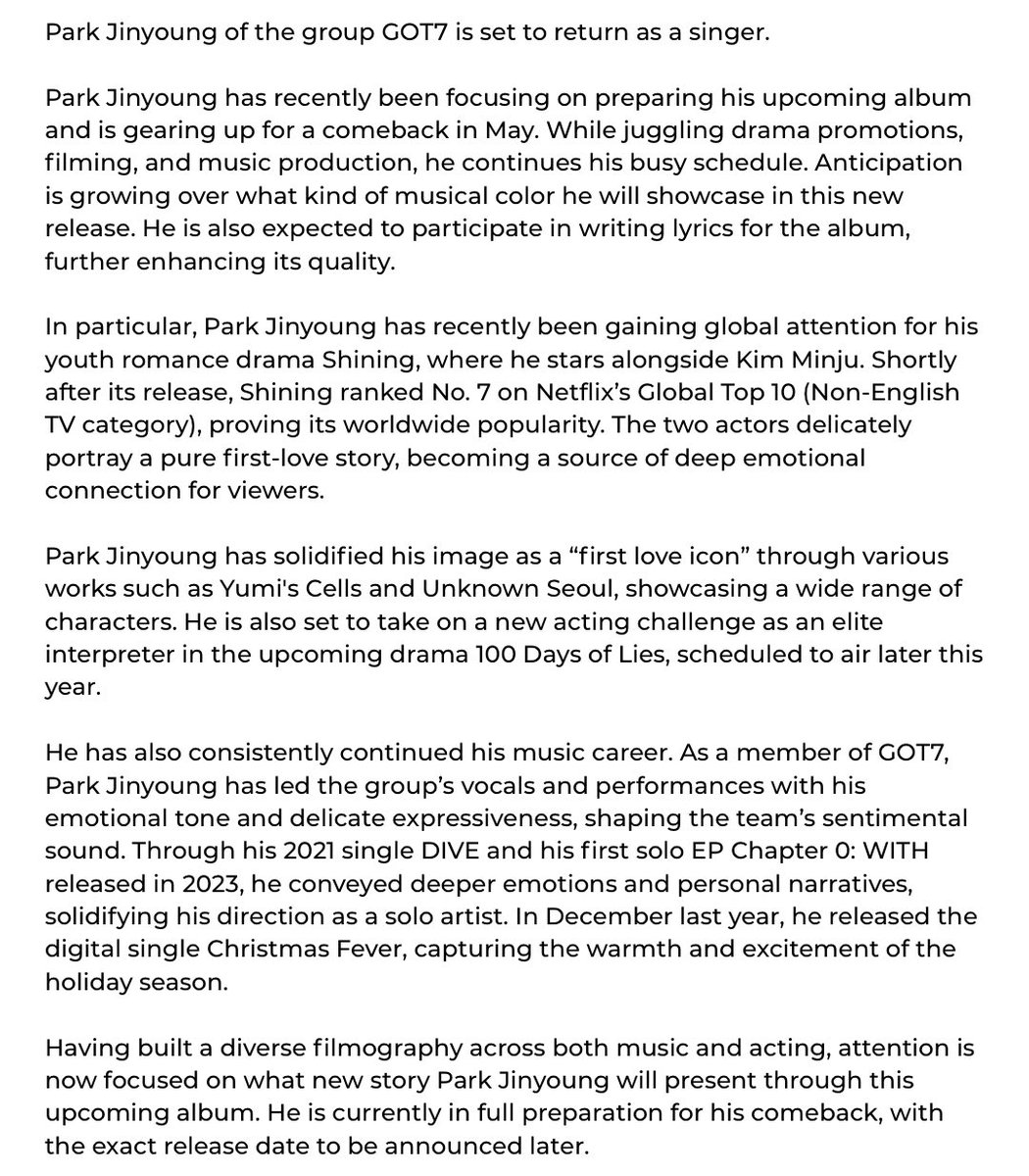 OT7Ahga's tweet photo. [📰] 260319 | “GOT7’s Park Jinyoung to Return as a Singer” via 스포츠경향

Idol Park Jinyoung is coming back in May! 🥹💚🎉

“Park Jinyoung has recently been focusing on preparing his upcoming album and is gearing up for a comeback in May. While juggling drama promotions, filming, and music production, he continues his busy schedule. Anticipation is growing over what kind of musical color he will showcase in this new release. He is also expected to participate in writing lyrics for the album, further enhancing its quality.”

@JINYOUNG #ParkJinyoung #Jinyoung #진영 #박진영 @GOT7Official #GOT7 🍓
