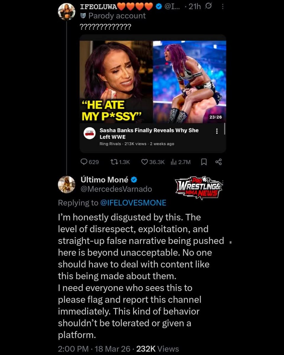 Mercedes Moné slammed a YouTube channel, calling its video “disgusting” and “beyond unacceptable,” and urged fans to “flag and report this channel immediately.”