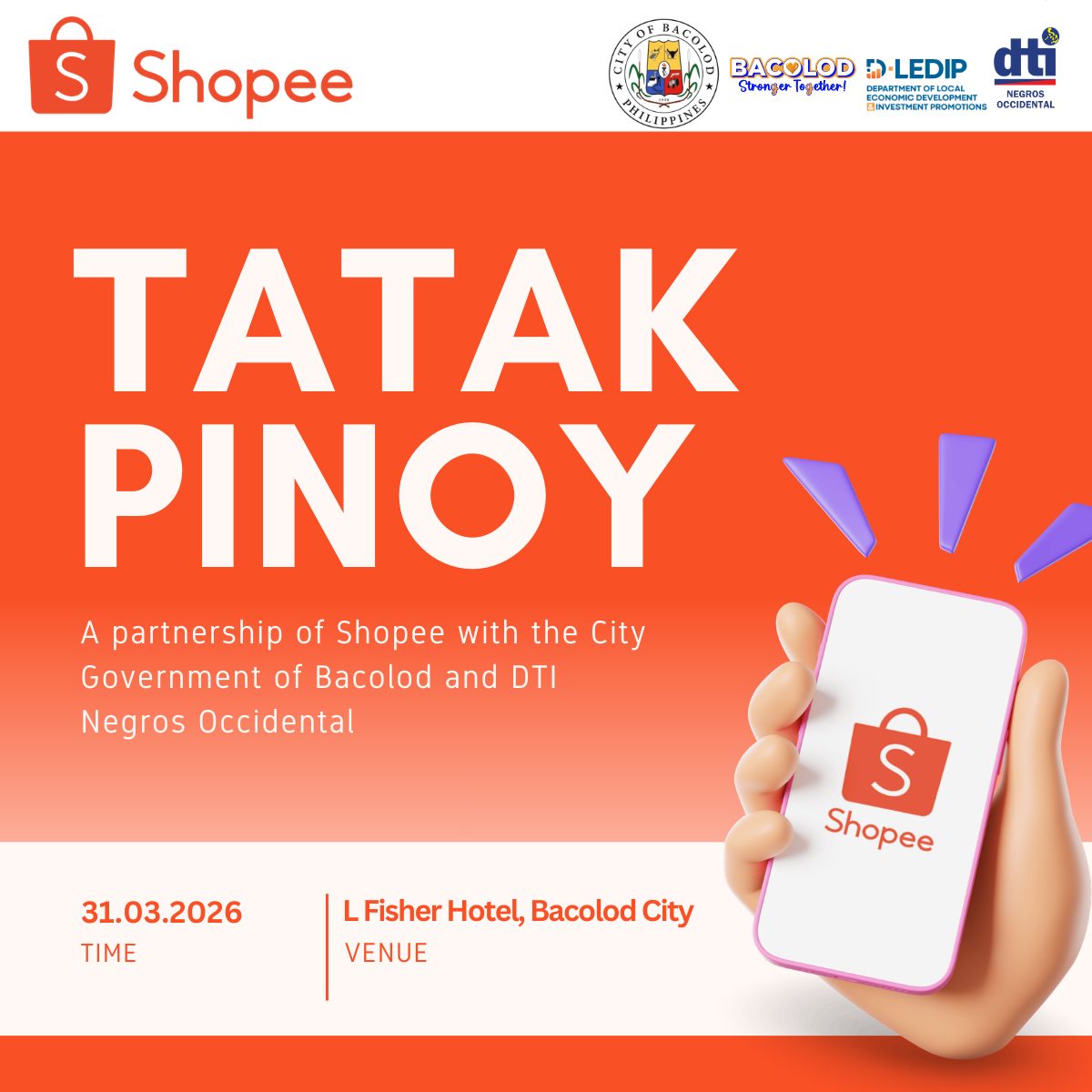 bcdledip's tweet photo. 𝗦𝗛𝗢𝗣𝗘𝗘 𝗣𝗛𝗜𝗟𝗜𝗣𝗣𝗜𝗡𝗘𝗦 𝗧𝗔𝗧𝗔𝗞 𝗣𝗜𝗡𝗢𝗬 𝗜𝗡 𝗕𝗔𝗖𝗢𝗟𝗢𝗗.
Bacolod City, with Mayor Greg Gasataya, is the Partner LGU for the Visayas leg of the Shopee Tatak Pinoy MSME Roadshow. E-commerce opportunities are coming for local MSMEs. https://t.co/B6XxZhT41V