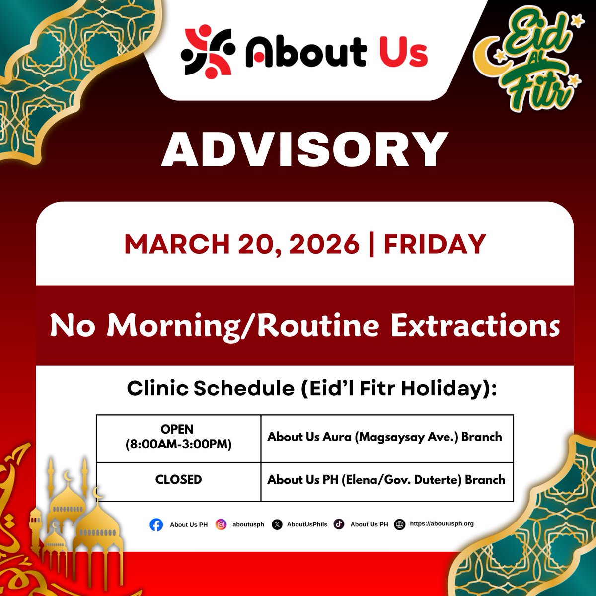 AboutUsPhils's tweet image. 📣 𝐀𝐃𝐕𝐈𝐒𝐎𝐑𝐘: 

Eid Mubarak! 🌙🕋🤲🏻

#AboutUsPH #DavaoCity #AUPH #Advisory #EidlFitr #eidmubarak #AboutUsAura