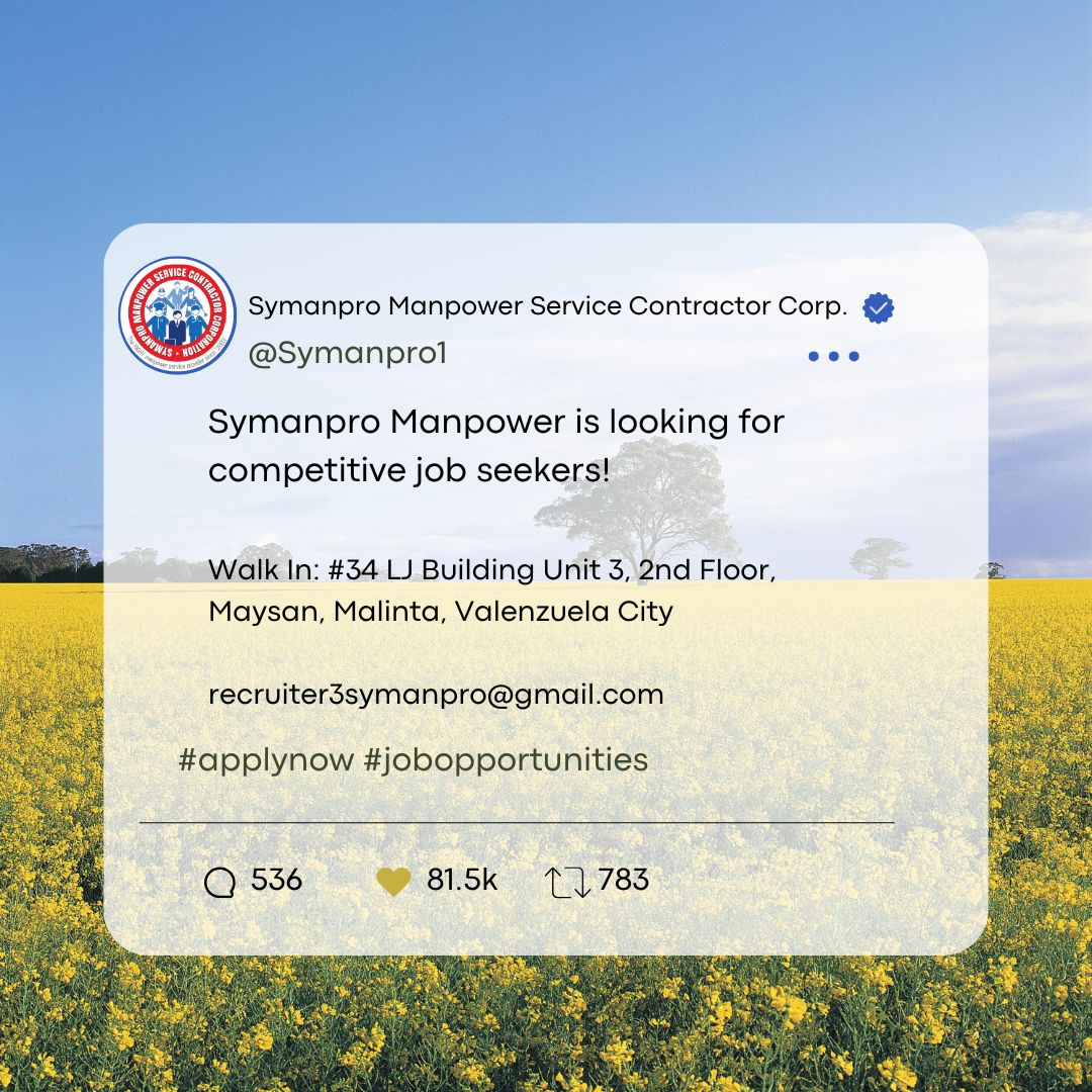Symanpro1's tweet photo. We're Hiring! Apply now!

Send us your updated CV: 
recruiter3symanpro@gmail.com

Walk in: #34 LJ Building Unit 3, 2nd Floor, Maysan, Malinta, Valenzuela City https://t.co/kh6odIQPC0