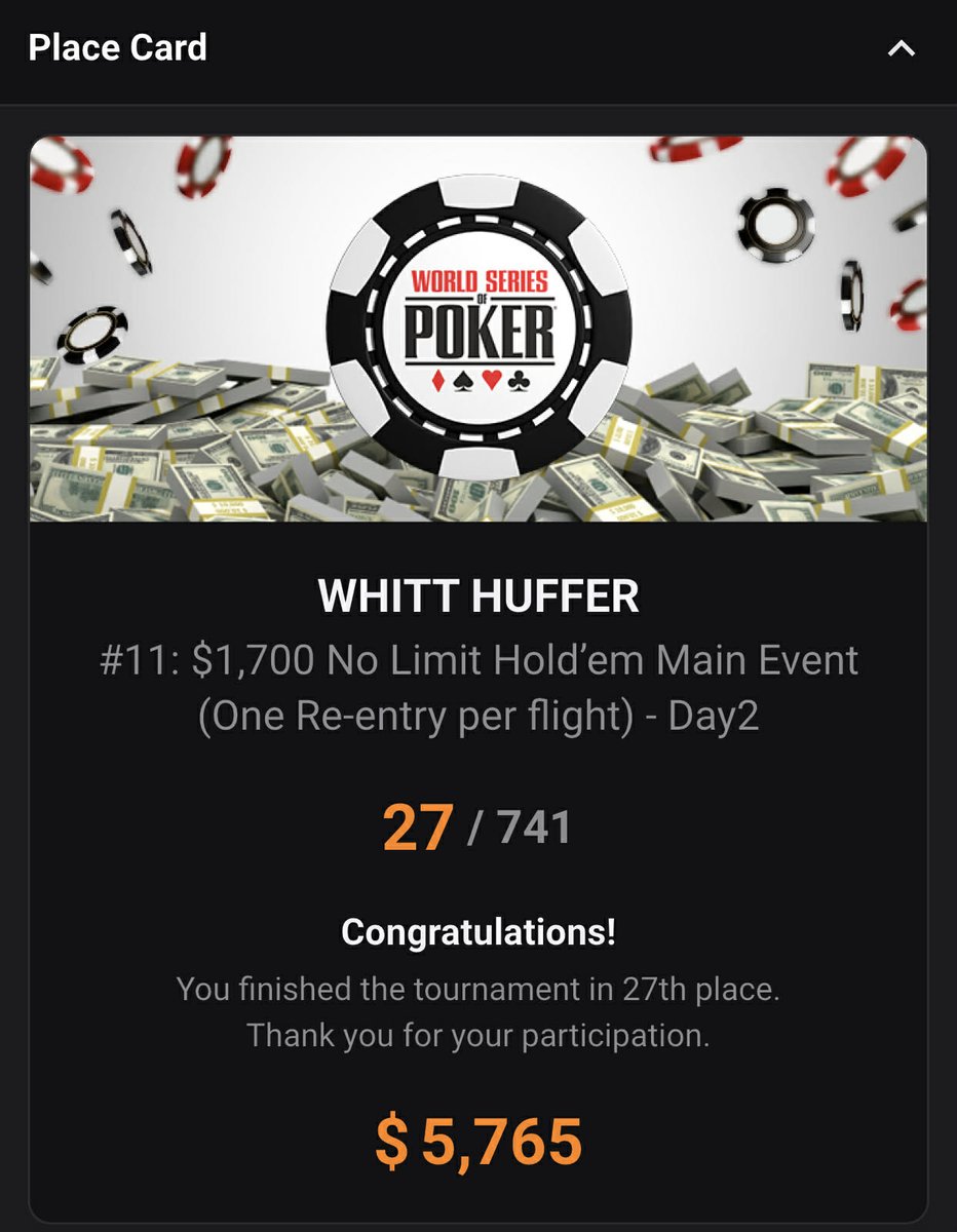 WhitticusCards's tweet image. First tournament I played in &amp;amp; after a few hours, I was almost out, 15k in chips. But then finished Day 1 with 568k and 16th place to start Day 2. Chip and a chair is all you need #BeAWhittness #BigHitWhitt #poker