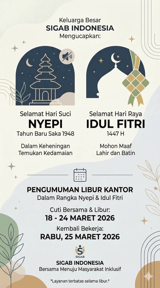 soliderid's tweet photo. Selamat Merayakan Hari Suci Nyepi Tahun Baru Saka 1948 &amp; Selamat Hari Raya Idul Fitri 1447 H 21-22 Maret 2026. Kantor libur 18-24 Maret 2026. Beraktivitas kembali 25 Maret 2026 #liburhariraya #nyepi #idulfitri https://t.co/Hm2CZvgglx