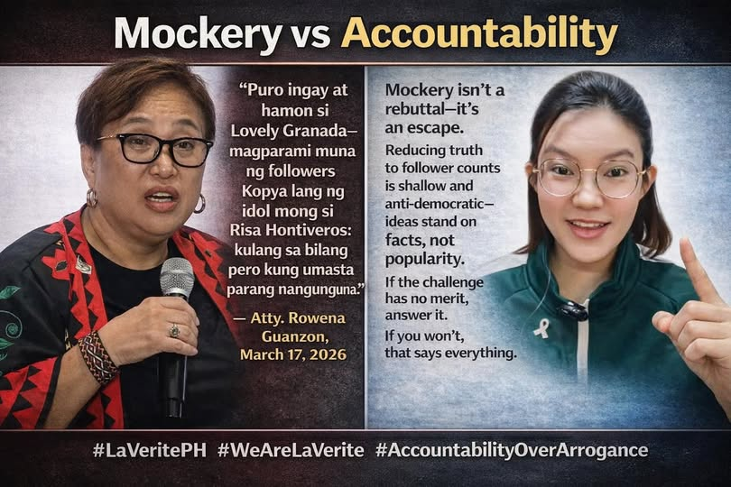 "Rowena Guanzon’s March 17 post is not an argument—it is an evasion dressed up as bravado. Strip away the sarcasm, the name-calling, and the dismissive tone, and what remains is a refusal to engage with the substance of a democratic challenge..."

TRUE.
facebook.com/LaVeritePH/pos…