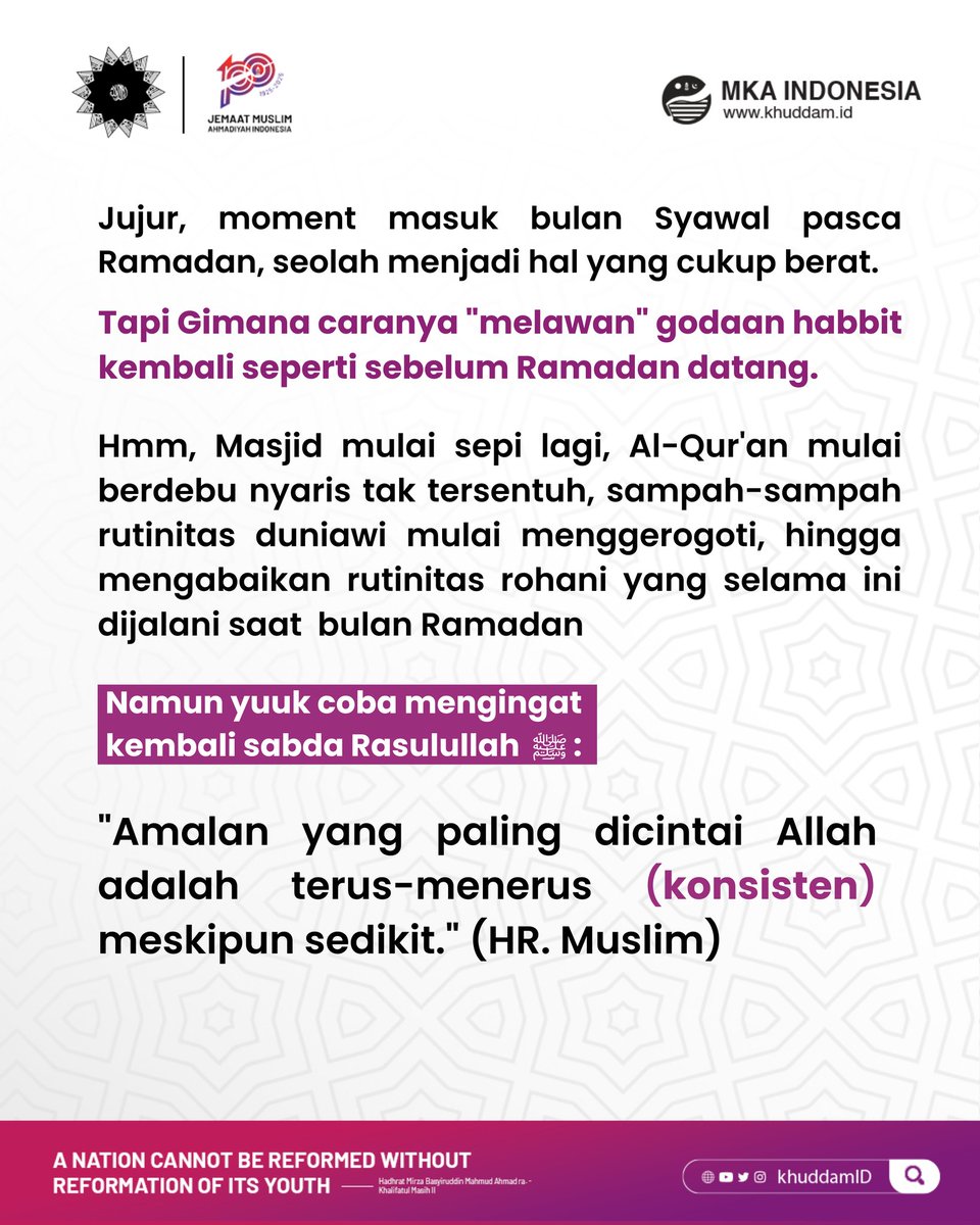 khuddamID's tweet image. RAMADAN BERLALU, JANGAN SAMPAI BERKAHNYA IKUT BERLALU! ✨🌙
yuk kita sama-sama jaga semangat dan konsistensi ibadah kita, biarpun Ramadan udah lewat. 💪
​Tag temen kamu yang butuh booster iman pasca Ramadan!
​#ramadanpergi #ramadanlalu #berkahramadan #ibadahkonsisten #ritmeibadah