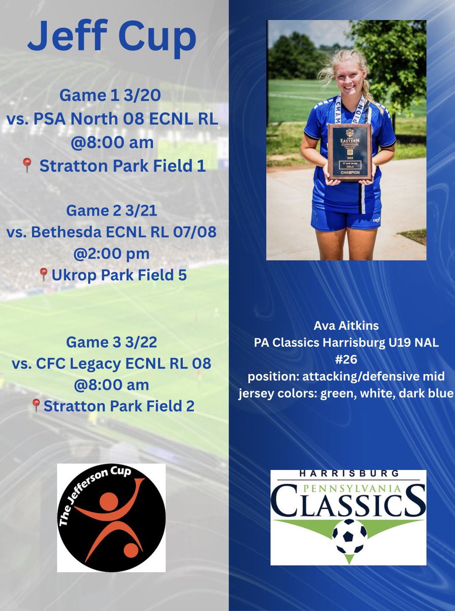 AvaAitkins's tweet photo. So excited to be competing at the Jeff Cup again!! Schedule⬇️⬇️@TopDrawerSoccer @PCTWSoccer @YCPWSoccer https://t.co/W7DUz3SaII