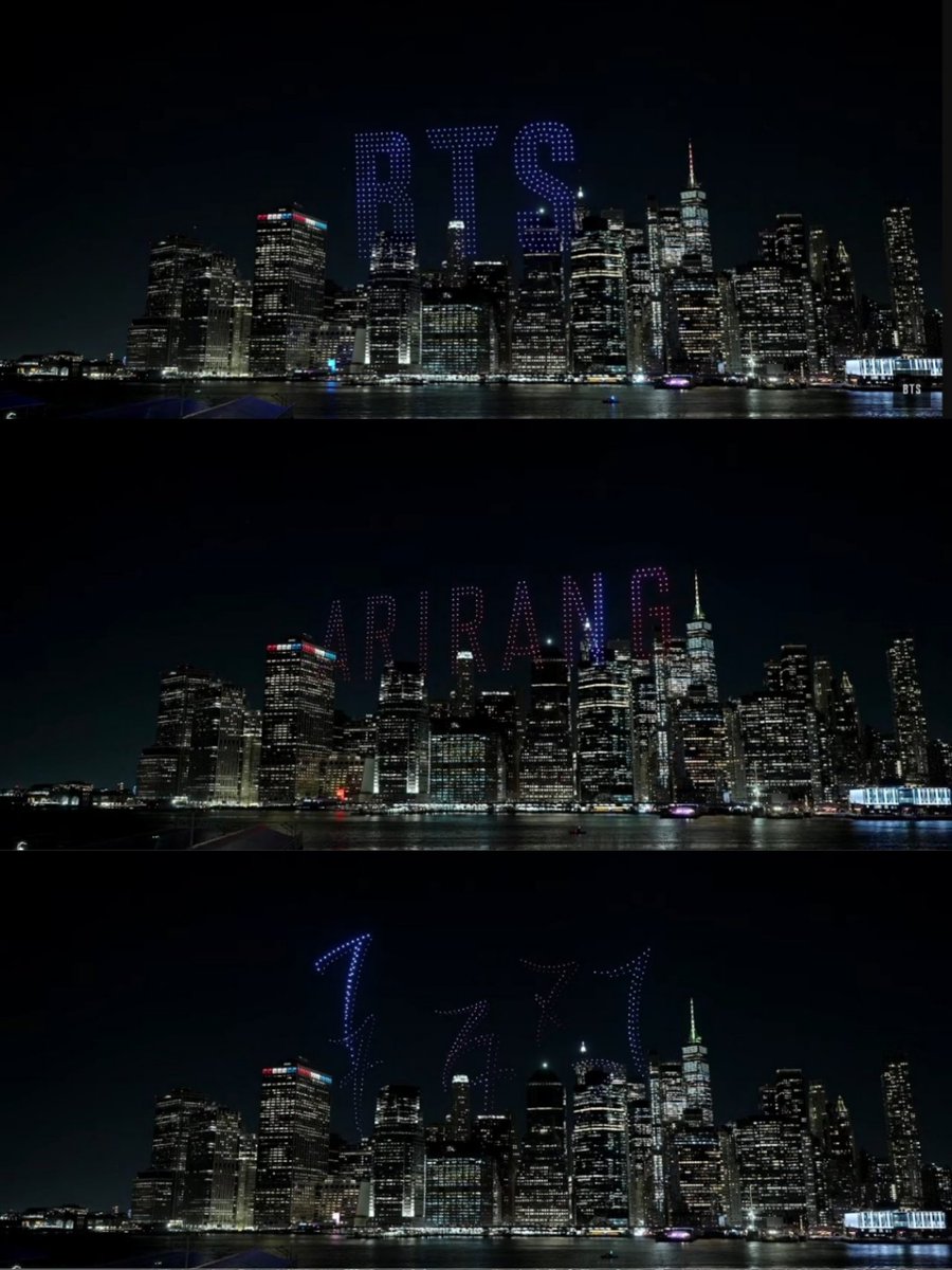 BTS doing a drone show in NYC look at how they are promoting ARIRANG. 
Those 7 tattoos of members 😭😭 
Crazy promotions