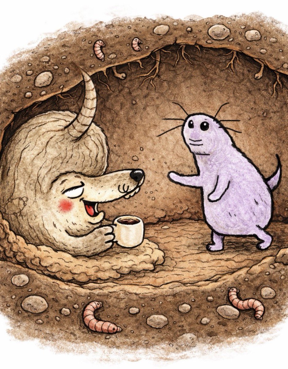 23yYqGpFutm7R7R's tweet image. 茶モグラ「地上に出たら世界変わるかな」

紫モグラ「変わると思うよ」　

茶モグラ「どんなふうに？」

紫モグラ「まぶしくて何も見えない」

#イラスト　#ゆるい絵　#シュール