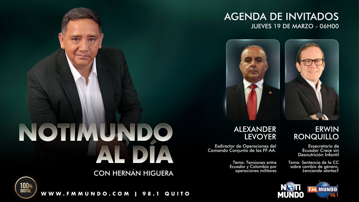 🌎 #NotiMundoAlDía | La información que necesitas para iniciar la jornada, junto a <a href="/higuerahernan/">Hernán Higuera</a>. Este jueves, en diálogo con:

🎙️ Alexander Levoyer
🎙️ <a href="/erwinronquillo/">Erwin Ronquillo</a> 
 
📻 98.1 FM #Quito

🌐 fmmundo.com