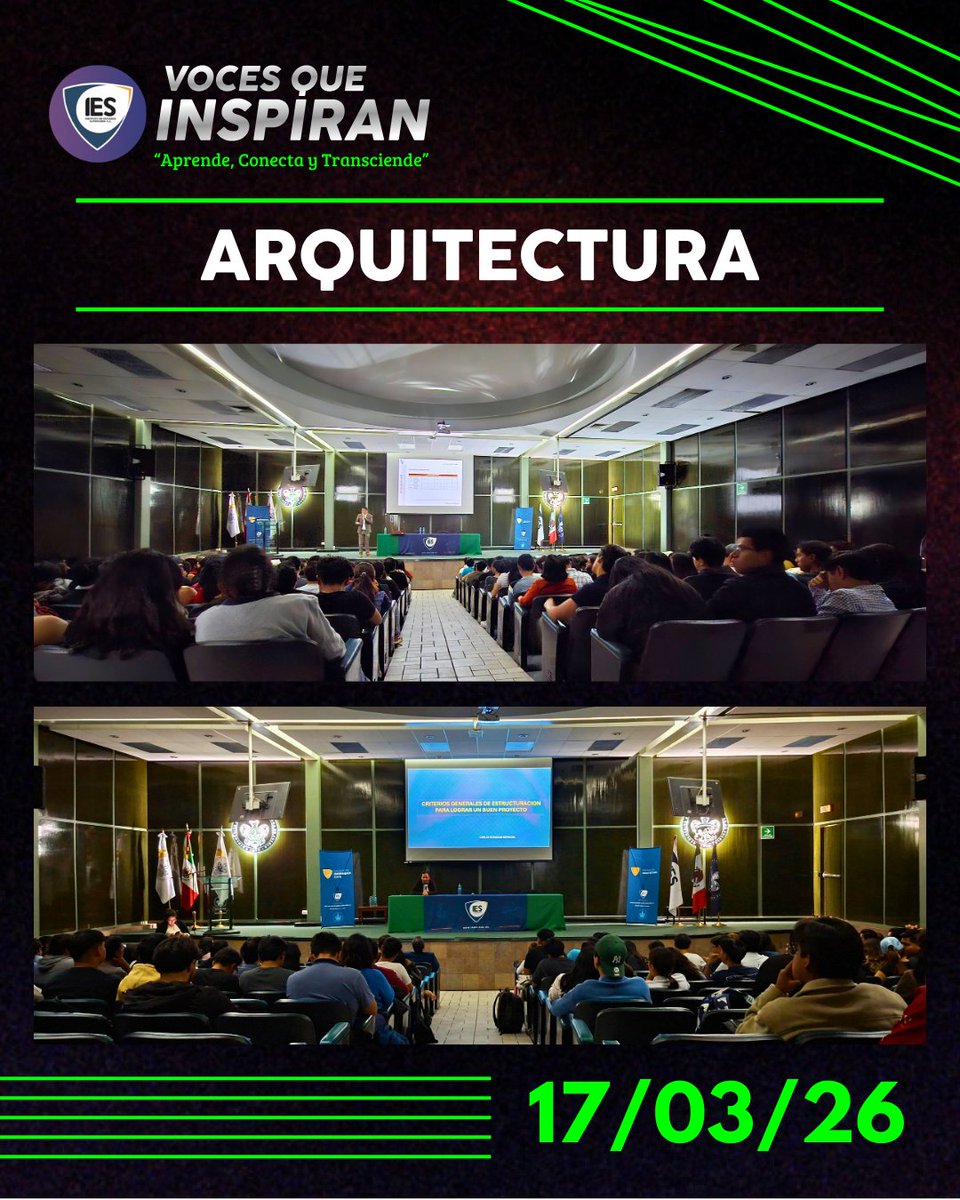 IESACoficial's tweet photo. ¡Arrancamos con el pie derecho! 🤩📐 

Este 17 de marzo, el Colegio de Arquitectura fue el encargado de inaugurar este gran evento y la energía en el auditorio estuvo increíble. ✨

¿Están listos para lo que sigue? ¡La semana apenas comienza! 👀🔥

#VocesQueInspiran #buap https://t.co/eU9jIuWqRo