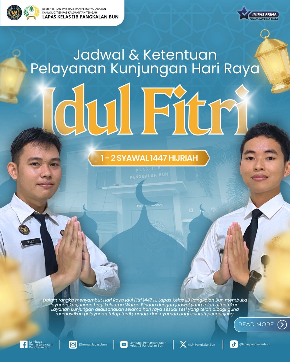 LP_PangkalanBun's tweet image. Lembaga Pemasyarakatan (Lapas) Kelas IIB Pangkalan Bun menghadirkan layanan kunjungan Hari Raya Idul Fitri 1447 H bagi keluarga Warga Binaan Pemasyarakatan.

Humas Lapas Pangkalan Bun
#kemenimipas
#Ditjenpas
#pemasyarakatan
#guardandguide
#DitjenpasKalteng
#IPutuMurdiana