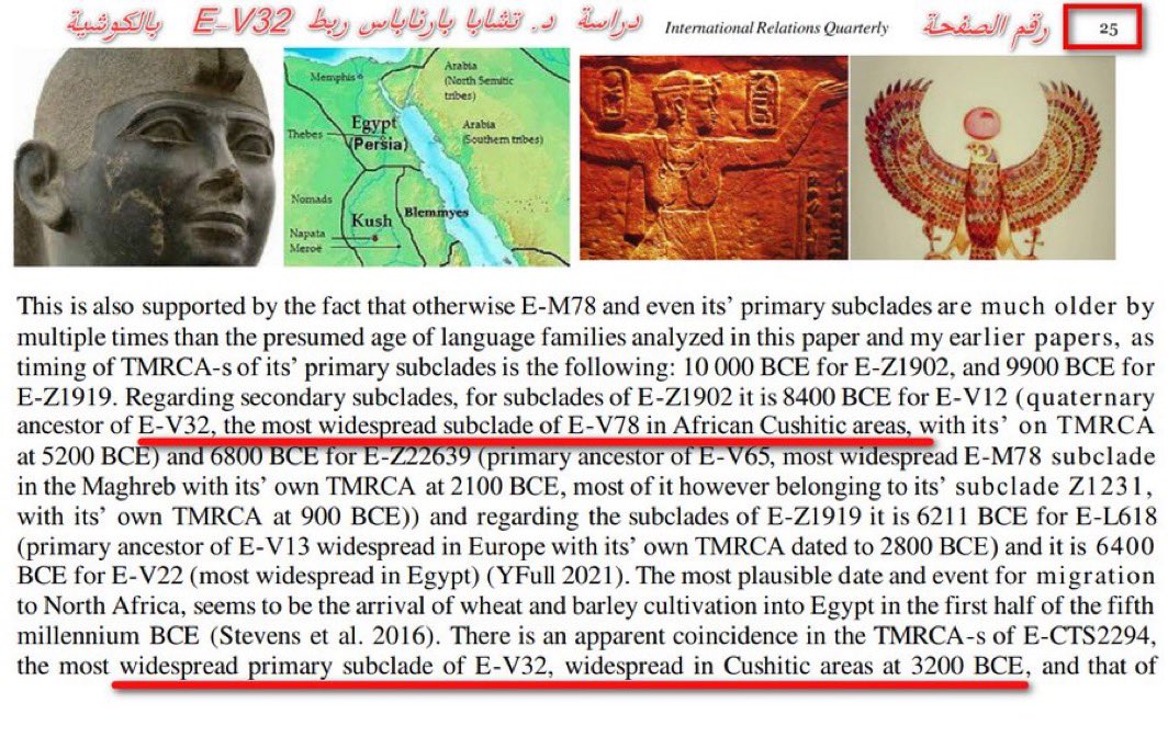 دراسة أطلس  "How Eurasia Was Born" (كيف ولدت أوراسيا) للباحث المجري Csaba Barnabás Horváth (2021).  
هو أطلس جيني-أثري يربط بين التحورات الـ Y-DNA واللغات والزراعة منذ العصر الحجري الحديث، ويذكر التحور E-V32 صراحة بالكوشيه

الاقتباس المباشر من دراسته عن E-V32:
> "E-V32, the most