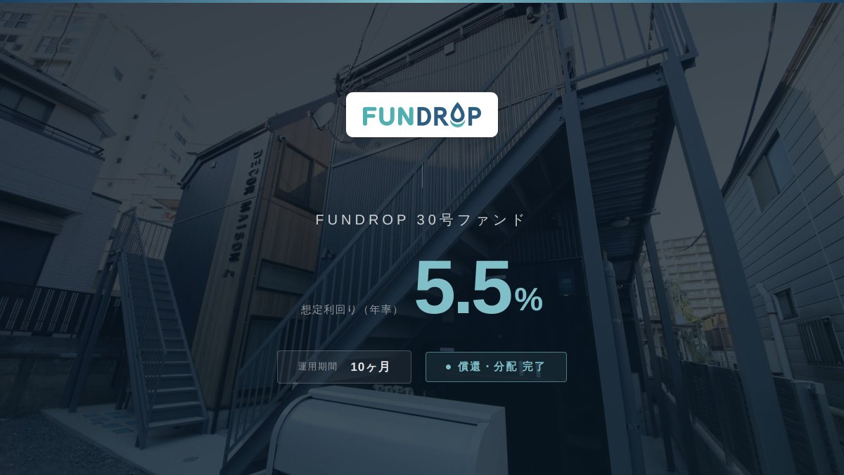 FUNDROPinfo's tweet photo. 【償還・分配完了のお知らせ】
2026年3月19日(木)、FUNDROP 30号ファンドの償還および年利5.5%の分配を完了しましたことをお知らせいたします。

↓プレスリリースは、こちら
https://t.co/XoJ98gq0Y5

近日中に新規ファンドのご案内も予定しております。
今後ともFUNDROPを宜しくお願いいたします。 https://t.co/IOI03bxfXt