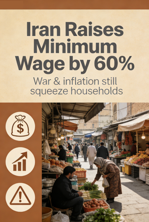macro_pulse's tweet photo. Iran has raised its minimum wage by 60% — but soaring inflation, war and sanctions mean millions still struggle to afford basic living costs. ⚠️📉 #Iran #Inflation #Economy #IranWar #CostOfLiving https://t.co/NYsd0juLkV