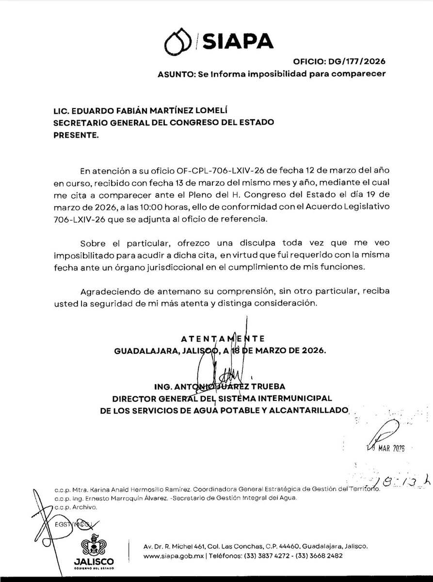 Director del <a href="/siapagdl/">Siapagdl</a> dejará plantados al pleno del <a href="/LegislativoJal/">Congreso de Jalisco</a>, envía escrito donde se "disculpa" argumentado que fue citado a esa misma hora por una autoridad jurisdiccional. Lo cual raya en una burla y falta de respeto hacia los Diputados