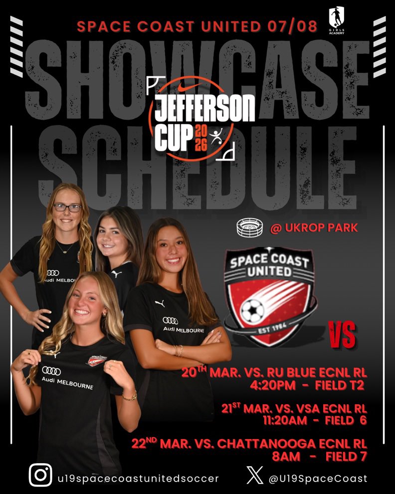 U19SpaceCoast's tweet photo. We are 1 day and a wake up from competing @jeffersoncup 2026.  @U19SpaceCoast team is locked in and ready to compete!  Please make sure to come out and check us out.  @girlssoccernet @GAcademyLeague @ImCollegeSoccer @UncommittedGrls https://t.co/N2oZkh3WBe