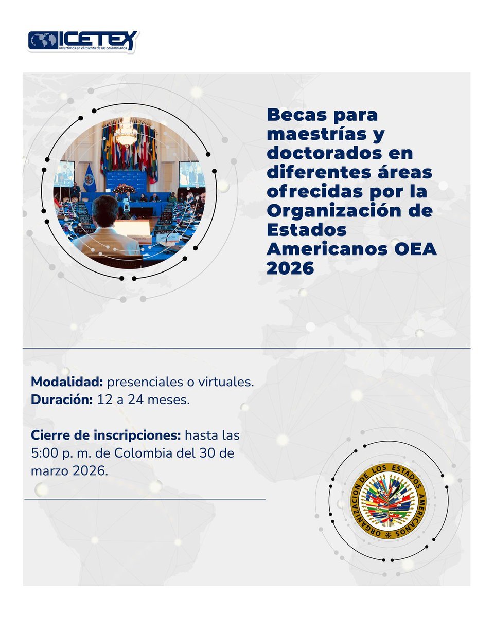 Está abierta la convocatoria de becas de la <a href="/OEA_oficial/">OEA</a>, para estudiar maestrías y doctorados, presenciales o virtuales en diferentes áreas. Postúlate hasta el 30 de marzo a las 5:00 p. m., en ➡️ acortar.link/3zqMCa 

#ImpulsandoOportunidades