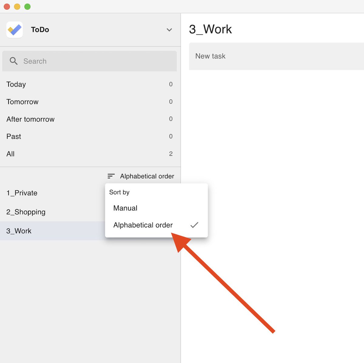 thetodonet's tweet photo. The ability to sort task lists in alphabetical order is a useful feature that even the official Google Tasks does not have.

Steps:
- Add numbers to the beginning of your task list names, such as 1_Private or 2_Shopping.
- Select sort by alphabetical order. https://t.co/rJcVRBtyou