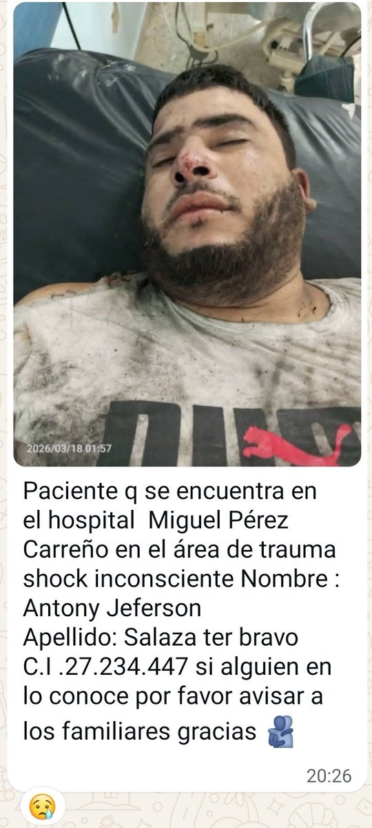 #URGENTE 
#ServicioPublico 
🚨#SOS Antony Jeferson Salazar se encuentra en el hospital Miguel Pérez Carreño en el área de Trauma Shock inconsciente. 
Si alguien lo conoce por favor avisar a sus familiares.