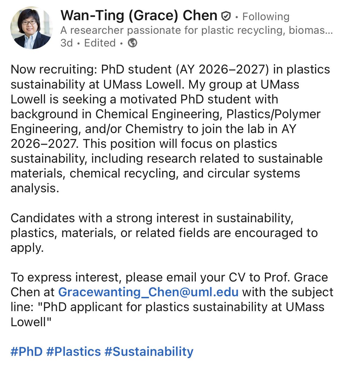 PhD opportunity in plastic sustainability