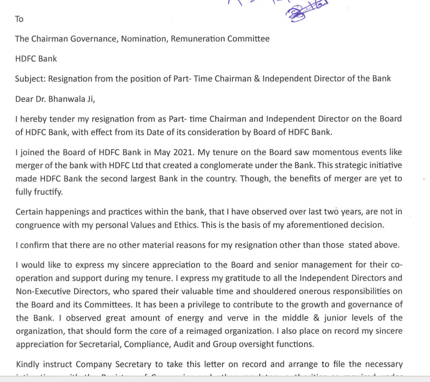 HDFC Bank Chairman resigns,

In this letter, he says:-
"Certain happenings and practices within the bank, that I have observed over last two years, are not in congruence with my personal Values and Ethics. 
This is the basis of my aforementioned decision."

This is crazy and