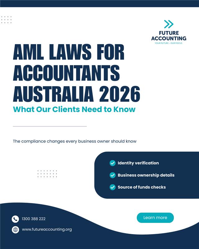 FutureAccountFP's tweet image. New AML laws for accountants begin 1 July 2026. Expect more ID checks and documentation requests as firms meet AUSTRAC compliance obligations. Read more: wix.to/8hxMkQ1 #AMLLaws2026 #AMLCompliance #AUSTRAC #AccountingUpdates
