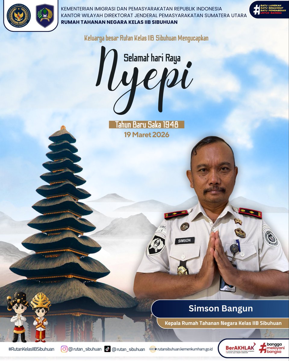 RUTANSIBUHUAN's tweet image. Keluarga Besar Rutan Kelas IIB Sibuhuan mengucapkan Selamat Hari Raya Nyepi Tahun Baru Saka.

Semoga keheningan Nyepi membawa kedamaian, menjernihkan pikiran, serta memperkuat harmoni dalam kehidupan bermasyarakat.

#kemenimipas
#ditjenpas
#guardandguide
#infoimipas
#pemasyarakat