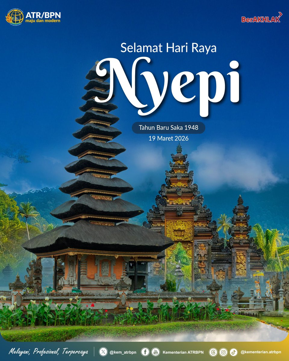kem_atrbpn's tweet photo. Segenap jajaran Kementerian ATR/BPN mengucapkan Selamat Hari Raya Nyepi Tahun Baru Saka 1948.

Semoga hari yang penuh kedamaian ini membawa ketenangan, kejernihan, serta memperkuat semangat Bhinneka Tunggal Ika dalam keberagaman.

#Nyepi2026 
#ATRBPNKiniLebihBaik https://t.co/uMdxeXhRi2
