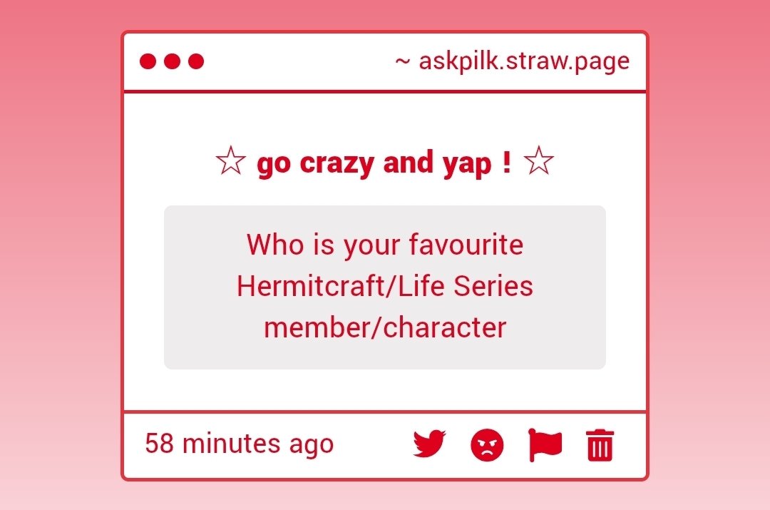 HEHE I LOVE THESE QUESTIONS SM YAYAY !!
BUT AA THIS IS SUCH A DIFFICULT CHOICE THEYRE ALL AMAZING !! If I HAD to pick then Jimmy !! 
I'm still very unfamiliar with hc but if I had to pick then either Grian or Pearl !!
(THIS WAS SUCH A DIFFICULT CHOICE ANON THEYRE ALL SO COOL AAA)