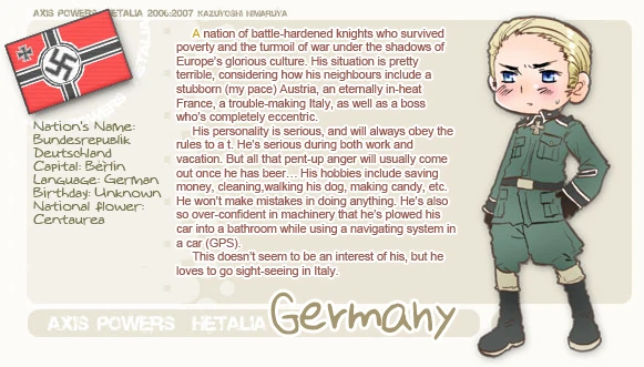 <a href="/hetaretheo/">theo (proship dni) #SUFINTWT #KIKUTWT #NORDIC5TWT</a> i mean he is the personification of nazi germany 😭 most likely not in modern set comics but this was deadass his character sheet + in the 1st manga he is shown in uniform with flags in the background