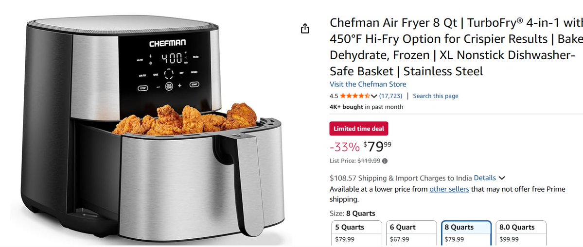Shopsavede3z's tweet image. Chefman Air Fryer 8 Qt | TurboFry® 4-in-1 with 450°F Hi-Fry Option for Crispier #Chefman

amzn.to/476gejz

#Crispier