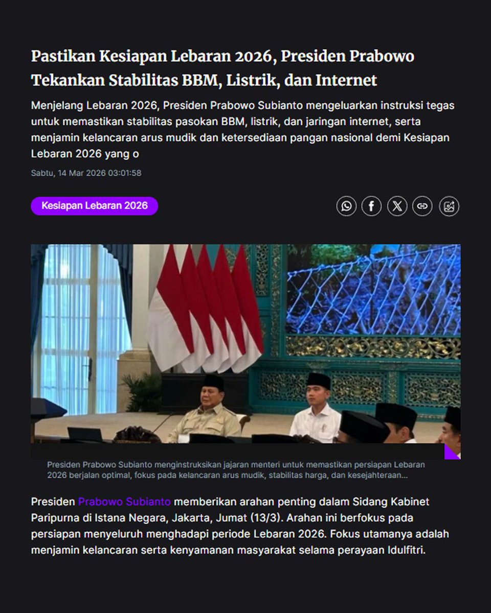 Presiden prabowo ingin ketersediaan BBM, listrik dan internet lancar dan Harga Sembako Stabil untuk menjamin kelancaran arus mudik dan ketersediaan pangan 
#Lebaran2026Terkendali