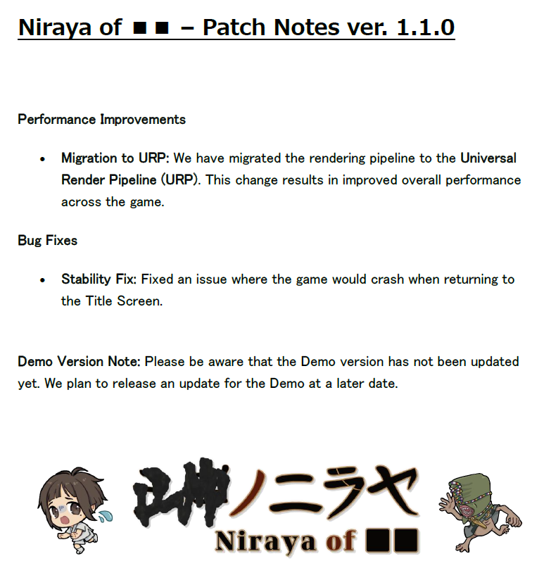 OFFICIAL_NIRAYA's tweet photo. [ver. 1.1.0 Patch Notes Released]
We have released an update today as shown in the attached image.
This update focuses primarily on performance improvements.
Thank you for your continued support!

#Nirayaof https://t.co/Fmu3ikZ8wY