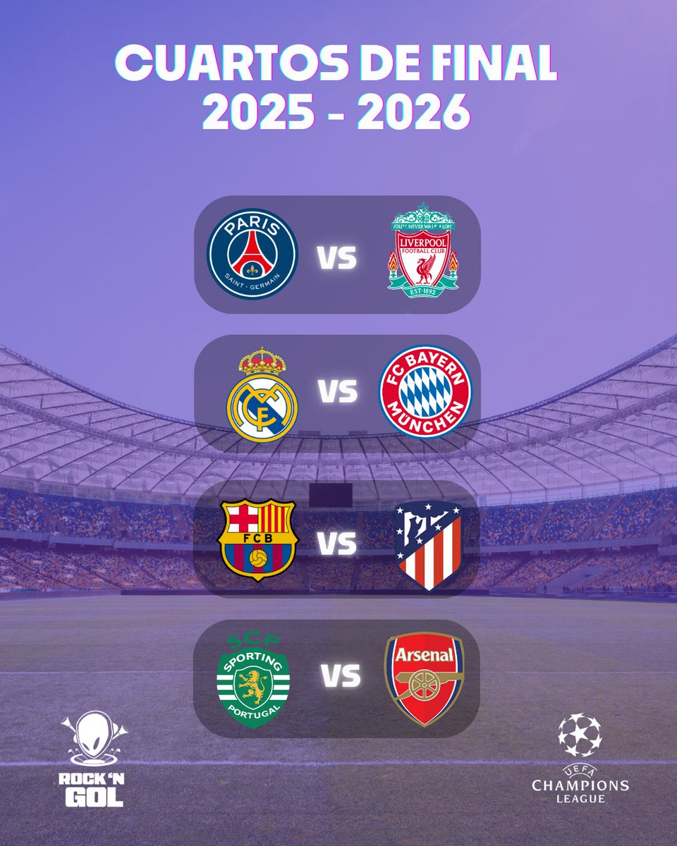 Radioacktiva_'s tweet photo. Así quedaron las llaves de los cuartos de final de la Champions league. ¿Cuál cree que será el mejor partido? 👀
#RockNGol #Fútol #Championsleague #Llaves #Partidos https://t.co/LZ3d4lAEGN