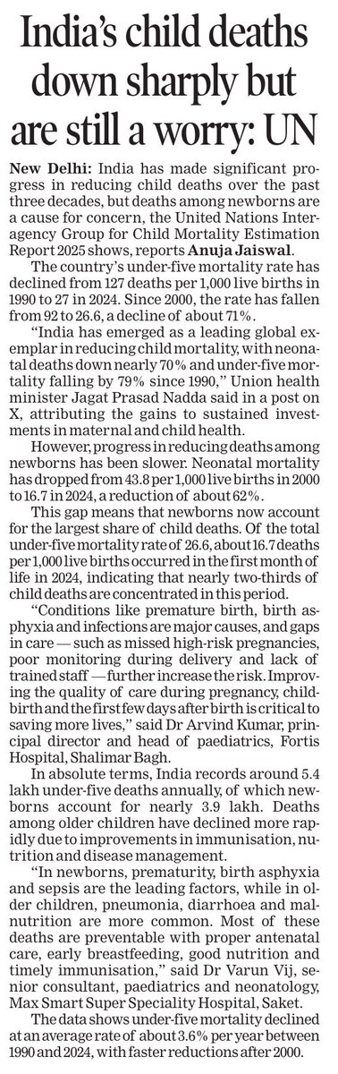 AnujaJaiswalTOI's tweet image. India has made significant progress in reducing #child deaths over the past three decades, but #deaths among #newborns are a cause for #concern, the United Nations Inter-agency Group for Child Mortality Estimation (UNIGME) Report 2025 shows. The country’s under-five mortality