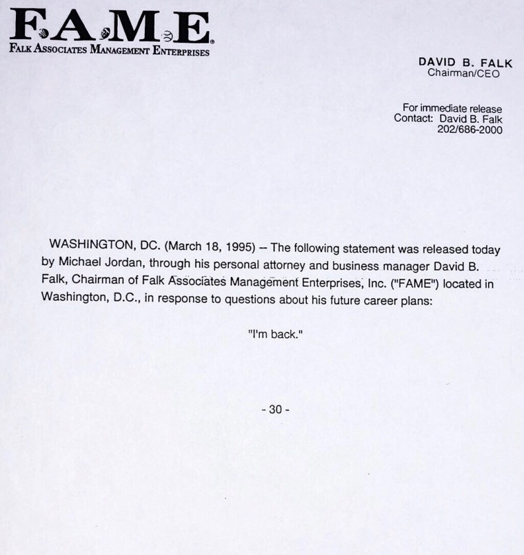 Se cumplen 31 años de uno de los momentos más significativos de la historia del deporte: el "I'm back" de Su Majestad, Michael Jordan 🏀❤️