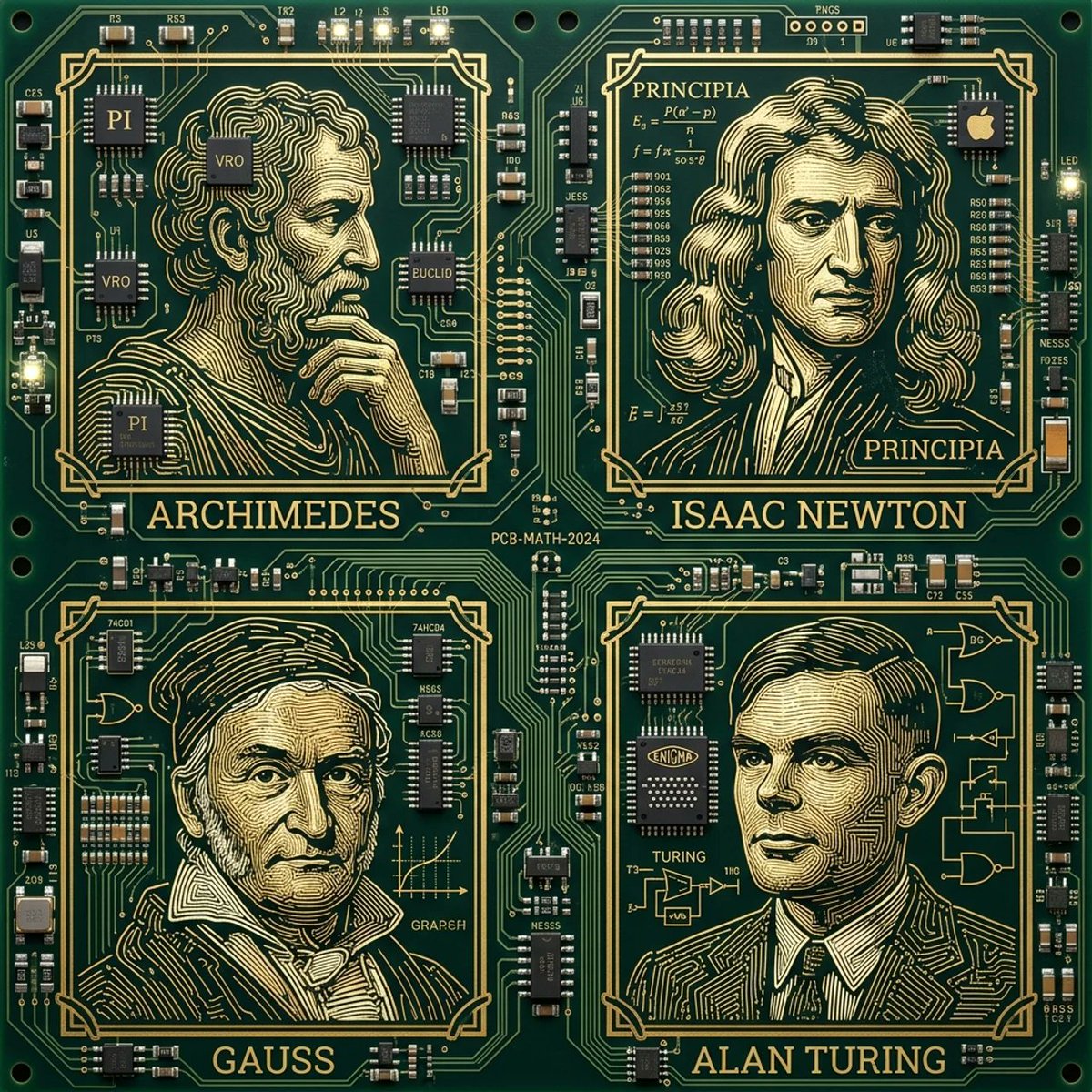 Nano Banana Pro vs. Nano Banana... interesting how they interpret the same prompt 

Prompt: Circuit board art aesthetic, electronic components and solder traces, a 2x2 grid of 4 world famous mathematicians. Each grid cell forms a portrait of a famous scientist. Green PCB