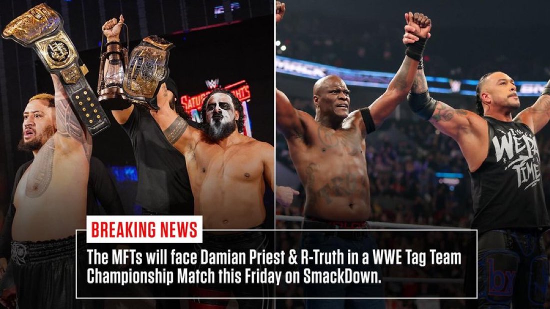 WrestlePurists's tweet photo. The MFTs will defend the WWE Tag Team Championship against Damian Priest &amp; R-Truth this Friday on SmackDown 

#SmackDown https://t.co/DpxjQ8psWn