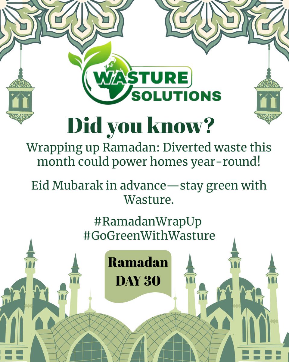 wasture360's tweet photo. 🌙 Ramadan Day 30

Wrapping up Ramadan:
Diverted waste can power homes year-round.
Let’s carry sustainability beyond the holy month.

Eid Mubarak in advance 🌙♻️

#RamadanWrapUp
#GoGreenWithWasture https://t.co/6V40zWH6uX