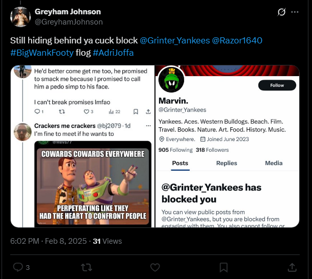 Razor1640's tweet image. You won't be working much longer @GreyhamJohnson 🤭

#BarbequeatReecePlumbingClayton @nelpvic @CFMEU @15minuteIgaveyou #mrmultipleaccounts

#whatalife 
@liamRockstat 
@HarryJenso 
@JJunioring 
@marc0p0l0n1ff1 
@nic_vasiliou 
@goatrraarrgghh
@aaronmeadows38
#pedo #coward